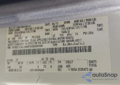 2015 Ford Transit-350 Xl z USA, uszkodzony, nr VIN 1FBZX2CM9FKB09099